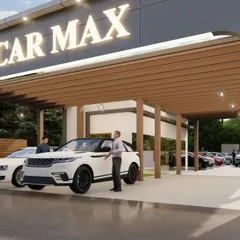 A 3D visualization for the "Car Max" showroom entrance, designed to be open, modern, and impressive.