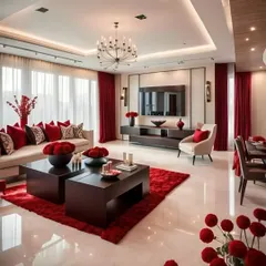 A bold and passionate living and dining room design featuring a striking red and black color scheme. The plush red rug and cushions add a vibrant pop of color against the neutral sofa and dark wood furniture, creating a dramatic and elegant atmosphere.
