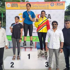 It's an amazing feeling to see my skaters on the podium. Here's Ananya winning gold in the 17+ age group for speed slalom at the 39th state selection trials. Hard work pays off.
