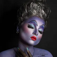 A powerful pose showing the completed fantasy look. Our students learn not just the makeup application but also how to conceptualize a character from start to finish, including hair and expression.