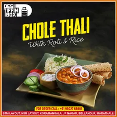 My Chole Thali is a complete meal in itself. It features spicy and tangy chickpea curry served with soft rotis, fluffy rice, raita, and a side of fresh salad, making for a truly satisfying lunch or dinner.