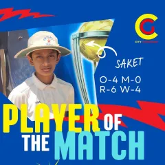 Player of the Match. A graphic celebrating Saketh's incredible bowling spell of 4 wickets for just 6 runs in the Cricket Habba Tournament.