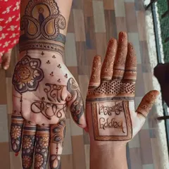 A personalized Rakshabandhan design with "Rakhi Bandhan" written in beautiful calligraphy on one hand and "Happy Rakshabandhan" on the other.