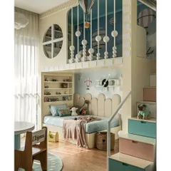 This whimsical kids' room features a playhouse-themed bunk bed, perfect for siblings. The space is filled with light and includes a central table for activities, personalized chairs, and plenty of storage, blending creativity with functionality.