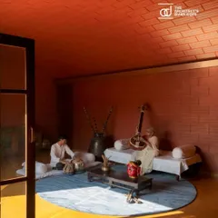 The Architect's Diary featured this shot of the music room in the Madhura house, noting its warm, inviting atmosphere perfect for reflection and connection.