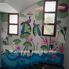 Even a staircase wall with windows can become a canvas for a beautiful Pichwai story. This mural incorporates the architecture seamlessly, with peacocks, cows, and lotuses creating a heavenly scene.