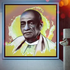 A digital portrait of Sardar Vallabhbhai Patel, the Iron Man of India, displayed in a virtual gallery. This shows how my digital art can be presented as large, impactful wall decor.