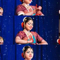 A series of close-up shots focusing on the expressive hand gestures, or mudras, of a Bharatanatyam dancer during her performance.