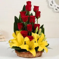 Brighten any occasion with this stunning flower basket arrangement. It combines the elegance of red roses with the cheerful charm of yellow lilies, creating a vibrant and eye-catching gift suitable for birthdays, congratulations, or get-well-wishes.