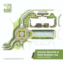 This is our landscape design plan for the American University of Duhok Kurdistan in Iraq. The design merges classical architectural elements with traditional Islamic garden patterns, creating a unique cultural expression for this international hub of academic excellence.