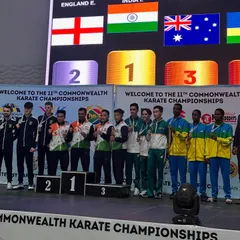 A proud moment for Team India at the 11th Commonwealth Karate Championships. Our athletes stand at the top of the podium after winning the Gold medal in the Male Team Kata event, outperforming teams from England and Australia.