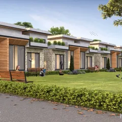 This rendering shows a row of luxury villas within a larger housing development. Each unit has access to a shared central lawn, promoting community interaction while maintaining privacy. The architectural style is modern, with stone and wood accents.