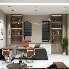 This 3D render presents a modern Managing Director's cabin, designed for both work and meetings. The space features a sleek, custom desk, integrated shelving for awards and books, and sophisticated lighting to create an atmosphere of authority and elegance.