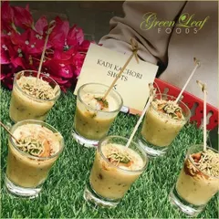 I love to deconstruct traditional favorites. These Kadhi Kachori shots combine the tangy yogurt curry with a crispy kachori in an easy-to-handle glass, perfect for hi-tea or welcome snacks.