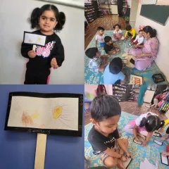 Art is a daily activity at Siksha. This collage showcases various art projects, from individual drawings to group activities, all celebrating the unique creative expression of each child.