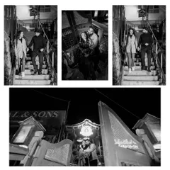 A black and white collage from a pre-wedding shoot in a city at night. The images capture the couple on a staircase and looking out from a balcony, creating a moody, urban vibe.