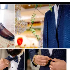 A detailed collage of the groom's accessories and suit, highlighting the fine points of his reception look.