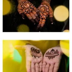 A close-up of the bride's intricate mehendi, which includes personalized details like portraits and names. This is a beautiful way to make the henna art unique.