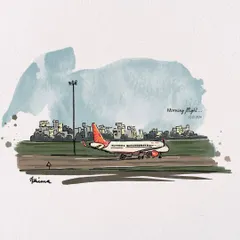 The feeling of adventure starting with a morning flight. This simple, evocative sketch is an example of how I capture the moments in between, the journey as well as the destination, in my travel art.