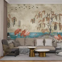 A serene waterside scene from our Prakriti collection, featuring elegant cranes against an earthy, textured background. This hand-painted mural brings a sense of calm and natural beauty, perfect for creating a tranquil living space.