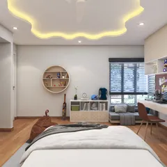 This angle shows the other side of the kid's room, with a cozy seating nook by the window and plenty of open and closed storage for books and toys. The warm wooden flooring makes the space feel extra cozy.