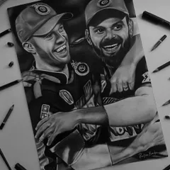A tribute to a legendary cricketing friendship. This charcoal drawing of Virat Kohli and AB de Villiers captures a moment of pure joy and camaraderie that every fan cherishes.