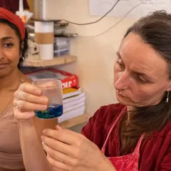 A participant examining the vibrant colors separating in a glass during our botanical ink extraction process. It's a moment of scientific discovery and artistic wonder as pigments are revealed.