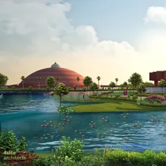 The master plan for the DDIBU campus incorporates a large, man-made lake created by using check dams along the site's natural contours. This sustainable feature also provides a beautiful, reflective setting for the meditation hall.