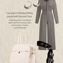 A style guide for a chic work look, featuring my black patent buckled flats. Paired with a white tote and a grey jumpsuit, these shoes add a sharp, polished finish that is perfect for commuting or travel.
