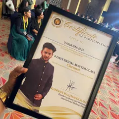 I believe in constantly upgrading my skills. This is my certificate of participation from a 3-day bridal masterclass with renowned international makeup artist Kannan Raajamanickam.