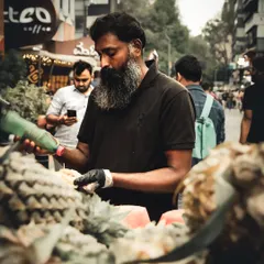 A fruit seller fully focused on his craft on a busy street. I use a shallow depth of field to draw your eye to the subject, capturing the dedication of street vendors and the vibrant culture of local markets.