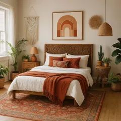 This bedroom captures the essence of bohemian design, featuring a beautifully carved wooden headboard, warm rust and terracotta tones, and natural textures that create a restorative feel.