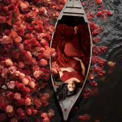 The contrast between the vibrant red dress and the dark water creates a powerful and dramatic image. This creative boat concept results in truly stunning maternity art.