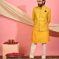A complete look featuring the bright yellow Nehru jacket, paired with a matching kurta and contrasting white trousers. This outfit is a great example of how to wear bold color with confidence and style.
