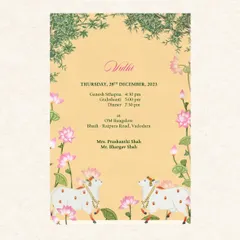 A detailed view of the 'Vidhi' ceremony card, adorned with illustrations of decorated Kamadhenu cows and lotus flowers. The warm yellow and pink palette adds to the festive and sacred feel of the design.