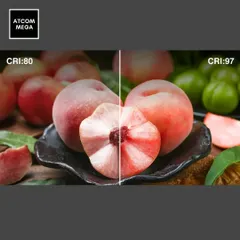 This comparison shows the dramatic difference a high Color Rendering Index (CRI) makes. On the right, our CRI 97 light reveals the true, rich colors of the fruit, unlike the duller tones under a standard CRI 80 light.