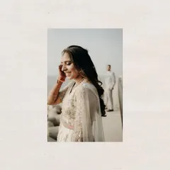 A creative collage from a pre-wedding shoot by the sea. It captures a candid, happy moment of the bride with the groom in the background, telling a story of anticipation.