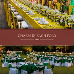 A vibrant and cheerful outdoor setup with long tables dressed in yellow and adorned with white and yellow floral arrangements. We bring charm and elegance to every fold and flower.