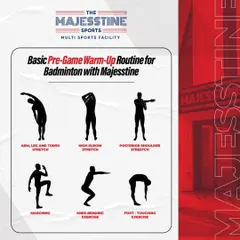 This graphic illustrates a basic pre-game warm-up routine for badminton. We teach our players to always prioritize effective stretching to prepare their bodies for the game.