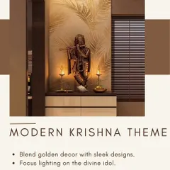 This modern Krishna-themed puja unit blends sleek design with divine elements. The golden decor and leaf-patterned wallpaper are illuminated by focus lights, drawing attention to the beautiful idol.