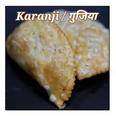 Karanji, also known as Gujiya, is a sweet fried pastry filled with coconut, mawa, and dry fruits. It is an essential part of my Diwali and Holi menu, and each one is shaped by hand.