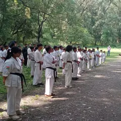 A moment of discipline before our outdoor training session begins. Students line up, ready and focused, surrounded by the forest. This environment teaches a different kind of focus.