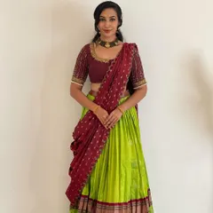 A full view of the langa voni, showing the beautiful flow of the skirt and the traditional way the davani is draped. I can source the fabric or use one you provide to create your dream outfit.