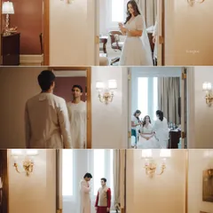 A collage showing the "getting ready" process for both the bride and groom, capturing the anticipation from their separate rooms.