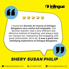Shery Susan Philip shares her positive experience with our German A1 course, praising the efficient and effective teaching methods. She emphasizes how our trainer kept the classes fun, interactive, and engaging.
