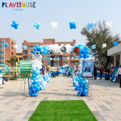 A wide shot of our large-scale outdoor event, combining Football and Frozen themes for a unique celebration with activities for everyone.