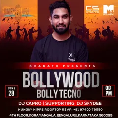 This poster for a 'Bollywood Bolly Techno' night at Hungry Hippie Rooftop showcases my specialized genre. I love blending the energy of techno with the familiarity of Bollywood hits.