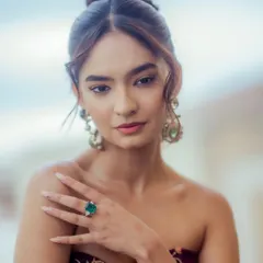 A close up of the Cannes look, showing the delicate details of the emerald ring and earrings that completed the ensemble. Jewelry selection is a key part of my red carpet styling service.