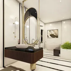This washroom exudes elegance with its white marble walls and floor, accented with black stripes. The custom vanity features a fluted wood base and a black marble top, complemented by a unique, brass-framed double-oval mirror.