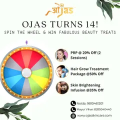 Ojas turns 14. To celebrate, we are offering fabulous beauty treats when you spin the wheel at our clinic, including discounts on PRP, Hair Grow Treatments, and Skin Brightening Infusions.